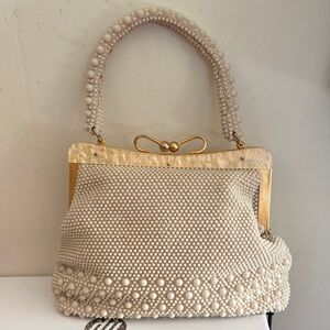 Vintage 1950s 60s Elegant Cream Beaded Handbag with lucite frame